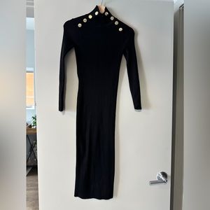 Zara ribbed fitted black turtleneck midi dress with gold button trim